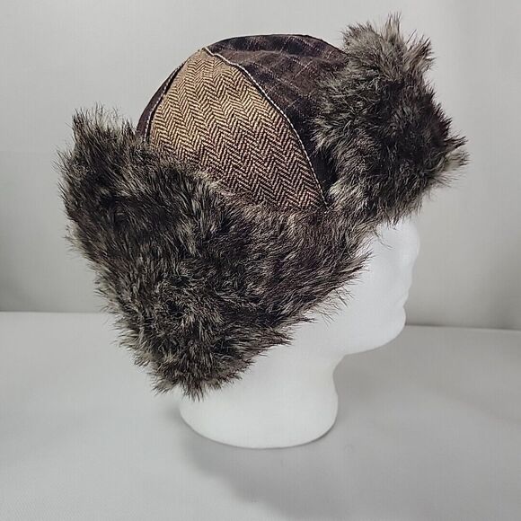 Earth Ragz Trapper Hat Brown Patchwork Faux Fur Ear Flaps Hunting Aviator Winter - Picture 7 of 12